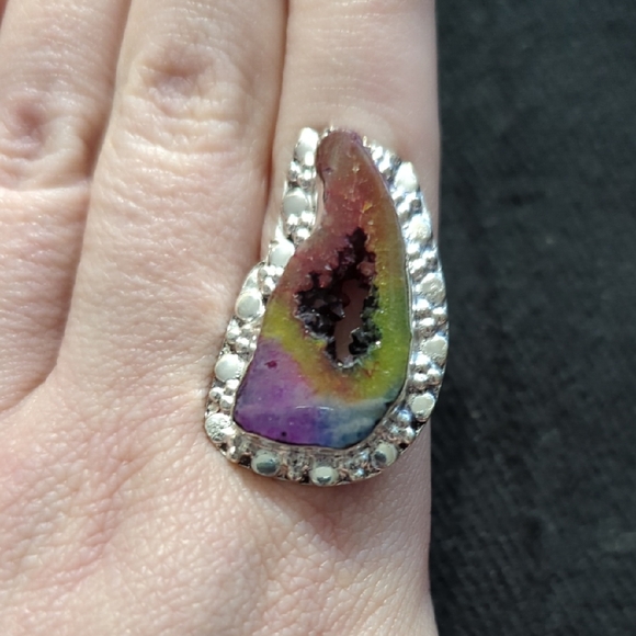 Hand Crafted Jewelry - Silver Plated Rainbow Solar Quartz Druzy Gemstone Statement Ring - Size 8.5